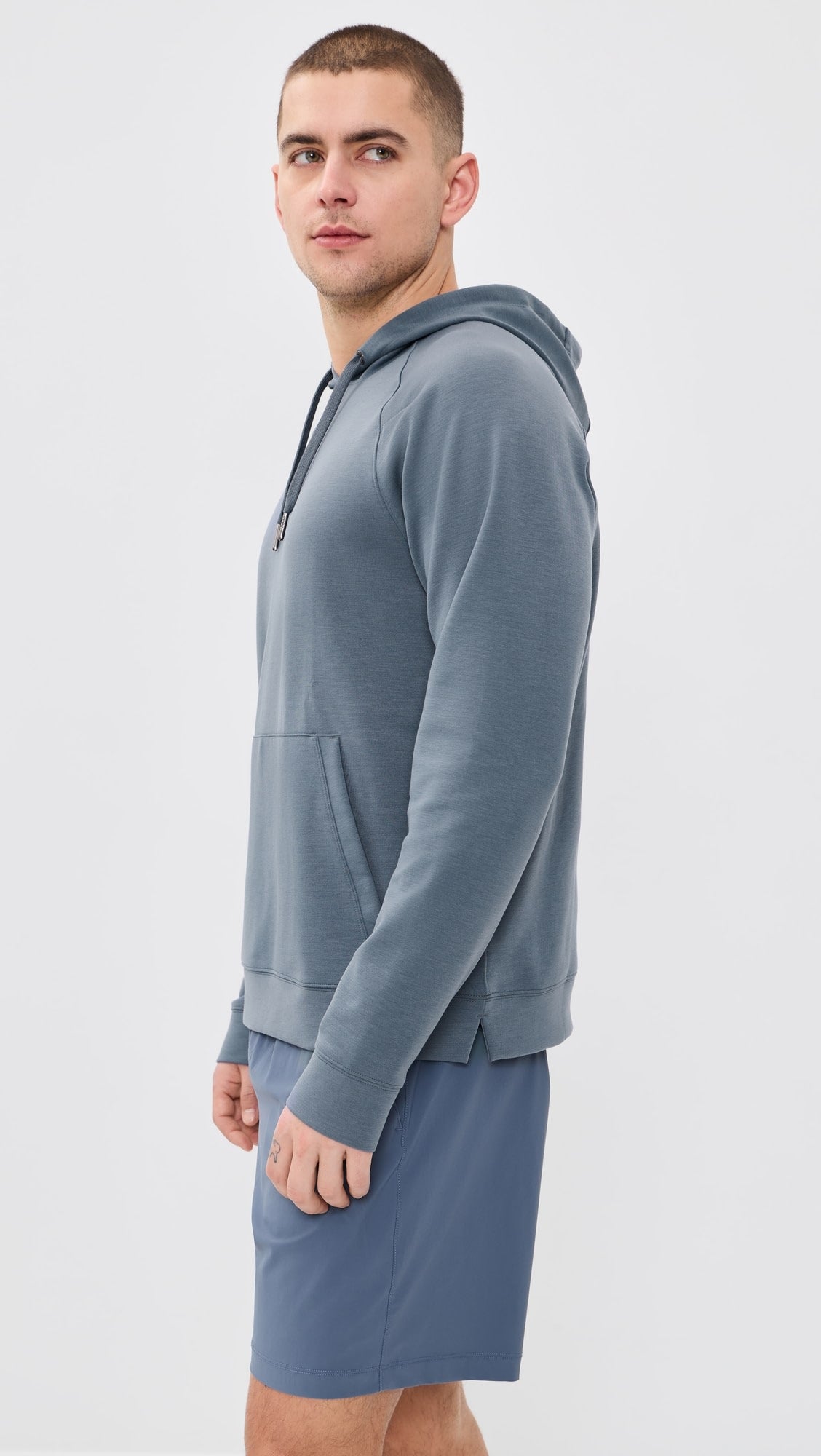 Rhone DreamState Hoodie in Shale Blue, side model view